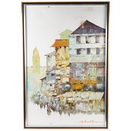 Vintage Oil Painting on Canvas of a City Street: A vintage oil painting on canvas of a city street. This piece depicts a crowd of people passing buildings in a city street, rendered in a vibrant color palette with expressive marks. The work is signed illegibly in paint to the lower right. It is presented in a wood frame with string for hanging to the verso.