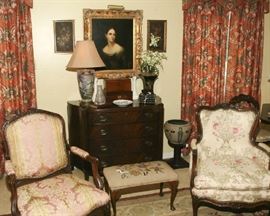 NICK MAHOGANY CHEST, FRENCH CHAIRS, SEVERAL ANTIQUE TEA CADDIES, NICE OIL PORTRAIT