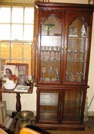 tall curio cabinet, crystal glass sets, pie table, spitoon 