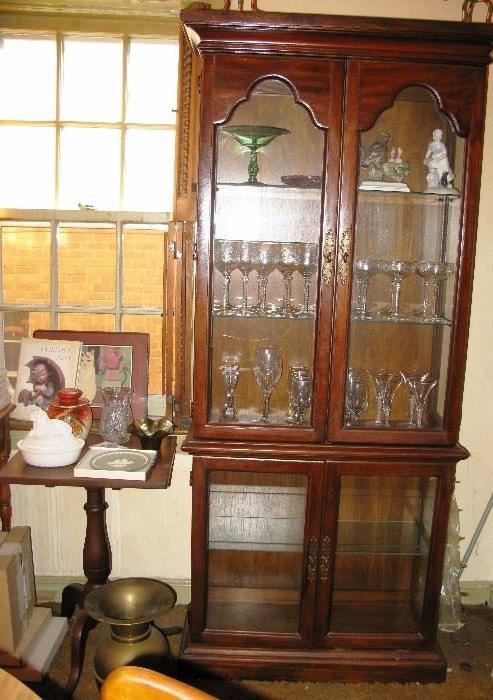 tall curio cabinet, crystal glass sets, pie table, spitoon 