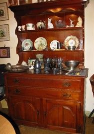 nice old maple china hutch, vintage pewter, porcelain and ceramics