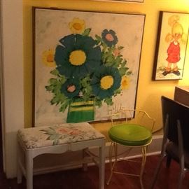 60-70's oil painting. Cottage-Chic Stool with 50's Bark Cloth