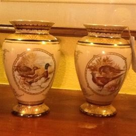 Pair of Handpainted Vases with four separate  Game Bird images. Marked Le Main. Fantastic Quality