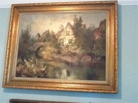 Large 39" by 49" inch H.F. Dienst Pil Painting in Carved Gilted Frame