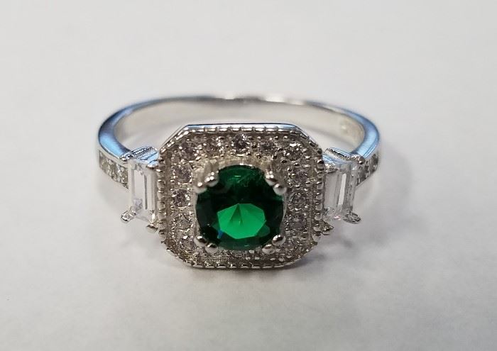 Emerald & diamond sterling ring