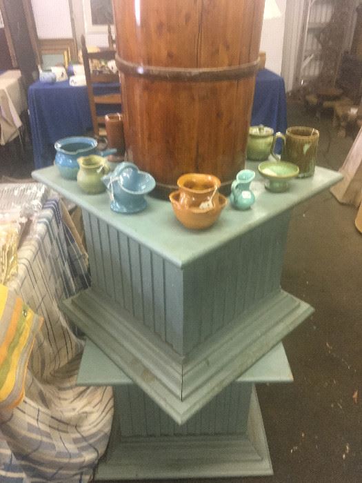 N.C. pottery and pair of display/coffee table sized platforms.