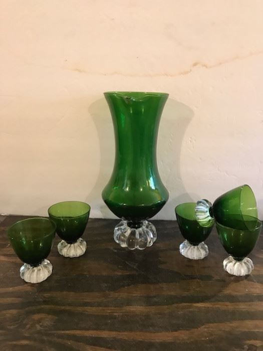 Vintage Glass Serving Set, Green glass clear stem