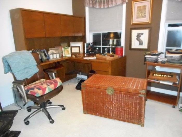 Wraparound Desk & Chair, Wicker chest, William & Mary Lamp