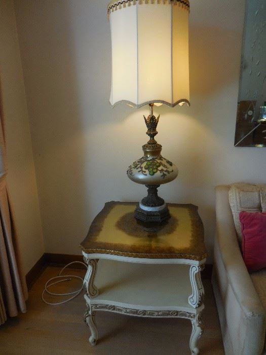 Italian Provincial  Smoky Mirror Top Occasional Table. Vintage Glass Table Lamp, Silk Shade