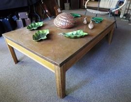 Large Cool Copper-Top Coffee Table with Vintage Ceramics