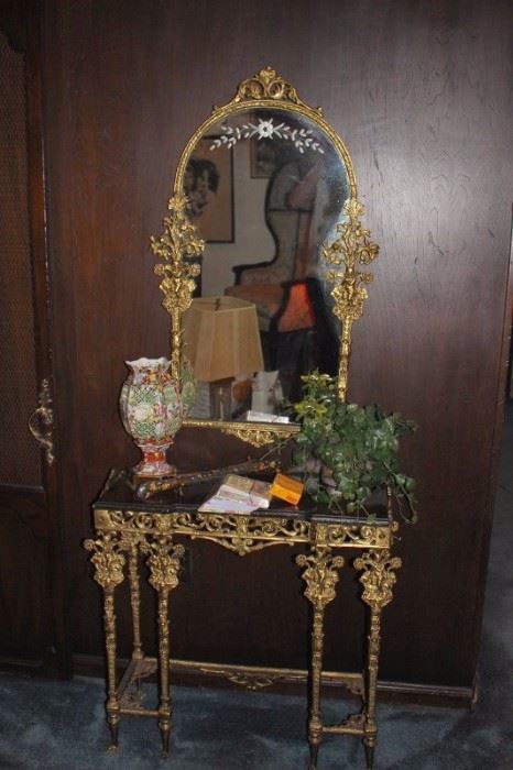 Metal & Marble Foyer Table with Matching Mirror and Decorative