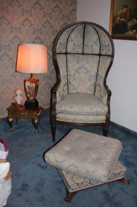 Vintage Chair and Ottoman with Small Metal Table and Lamp with Decorative