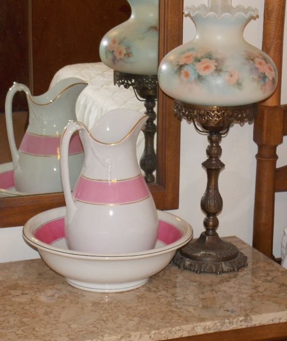 Pitcher and bowl, hand painted lamp shade, there also are more pink and white porcelain pieces