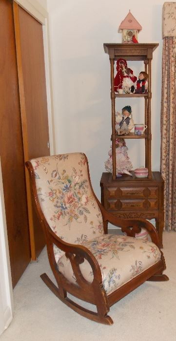 Lovely vintage upholstered rocker, shelf, small bedside table, Collectible porcelain dolls