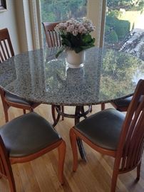 Chadwick Table base in chromatic steel finish w 52 in silver green granite  (3/4 in bullnose)	52W31H
5 Chairs from Rm and Board	17W16D41H