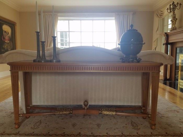 Gladstone Console Table behind Sofa	66W16D30H      Sofa available too, along with Porcelain covered jar and silver candlesticks