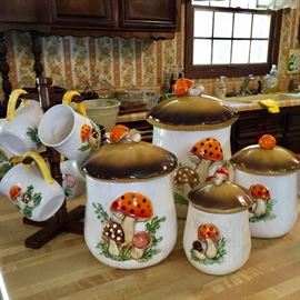 1970s Merry Mushroom canisters and mugs. Originally sold by Sears, Roebuck and Co. 