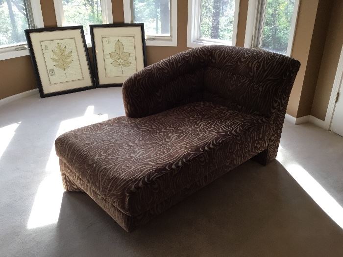 UPHOLSTERED CHAISE LOUNGE AND ART