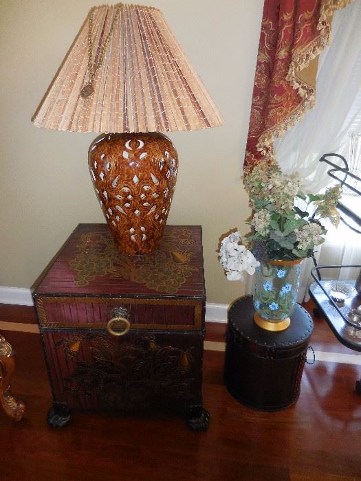 Walter E Smith  Trunk Occasional Table. Vintage Ceramic Table Lamp Silk Shade.