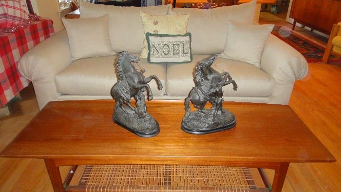 Drexel Sofa, Spelt cast Horse figurines, Dux Teak coffee table 
