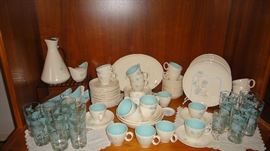 Vintage Dishes with matching glasses and serving pieces 