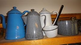 Enamel ware coffee pots, ladle, pot 
