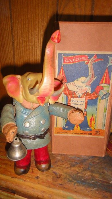 Vintage 1930's Celluloid Wind Up Circus Elephant w/ box, still works. Missing his poster. 