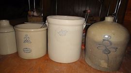 Pottery,  Red wing Jug 3 gallon jug w/bee, Robinson Ransbottom 4 gallon Crock, 2 gallon Redwing crock w/birch leaves