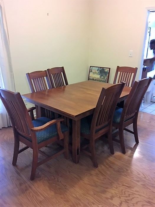 Wood Table, 2 Leaves & 6 Chairs