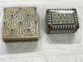 Bone and mother of pearl inlaid boxes.
