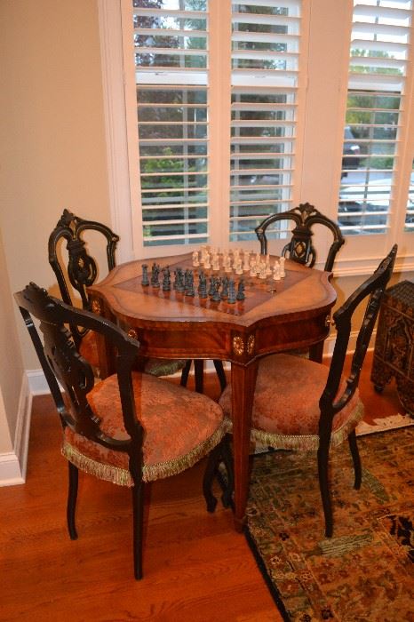 Game Table - Leather Top/Burl woods - Chess/Backgammon  and 4 Restored Victorian Chairs       