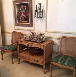 French provincial tea cart and dining chairs.  Painting NOT for sale.