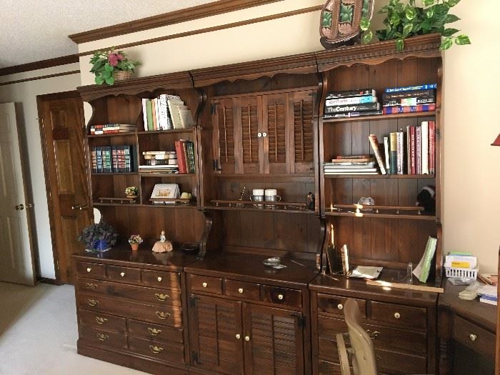 Modular desk, shelves, drawers.