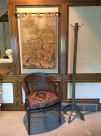 Vintage tapestry, cane back chair, coat rack