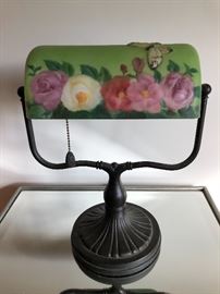 Antique puffy glass bronze desk lamp featuring flowers and butterfly