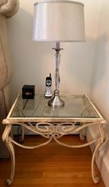 Heavy metal and glass bedside table and lamp