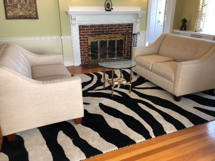 Contemporary Living Room with Crate and Barrel style sofas with animal print accent rug. 