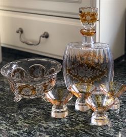 Gorgeous Bohemian Decanter Set Cut to Clear Amber Decanter with 4 Glasses and Candy Dish