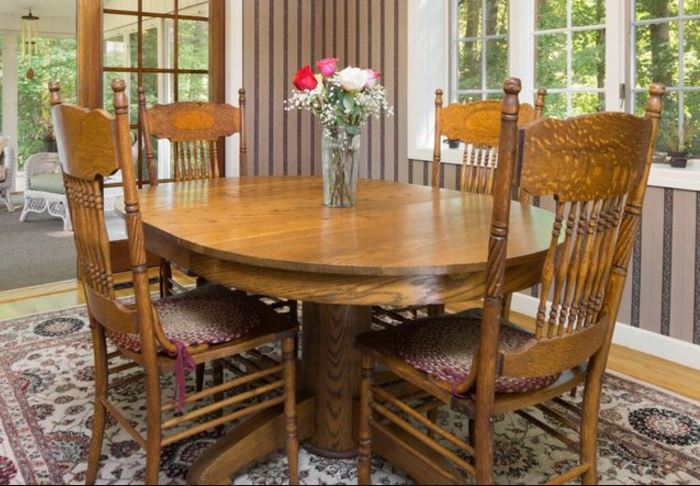 Vintage oak table with press back chairs