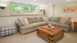 Comfy, casual secional, pine storage coffee table with wrought iron hardware