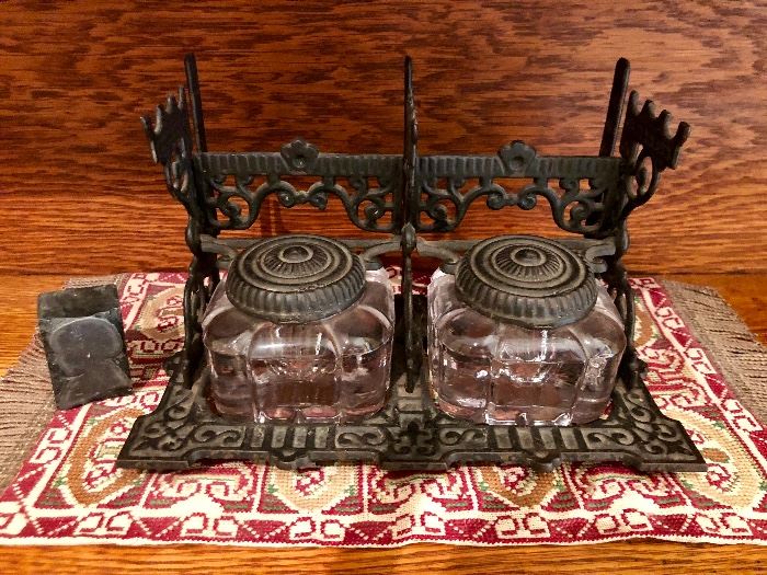 Early Antique Victorian Eastlake Cast Iron Double Inkwell Stand EAPG Glass Wells
