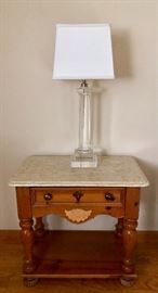 Side table/marble top with glass base lamp