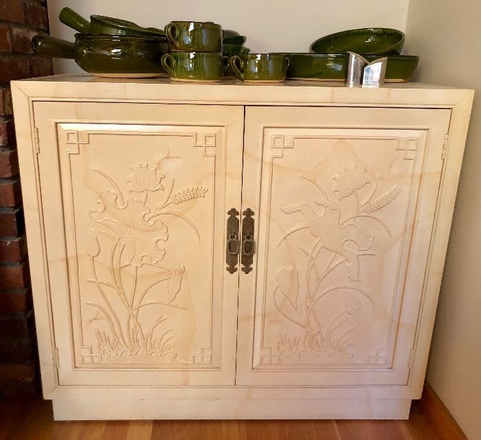HENREDON Karl Springer style Server Cabinets. Cabinet with faux Goat Skin Finish. Ivory Cream Color. Oriental design relief panel doors. 
Dimensions: H: 32.25 inches: W: 36 inches: D: 18 inches