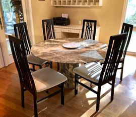Marble top, marble column table with 6 slat back, upholstered chairs