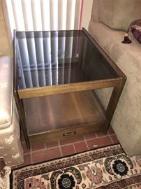 Vintage glass and wood side table with drawer