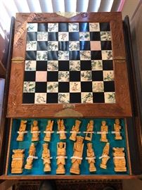 Vintage, carved wood chess set with Asian Flair