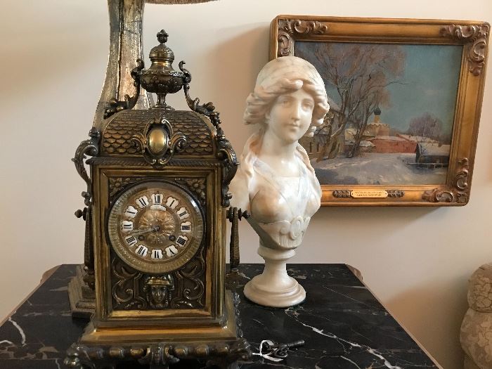 signed marble bust & bronze clock with key & enamel numbers