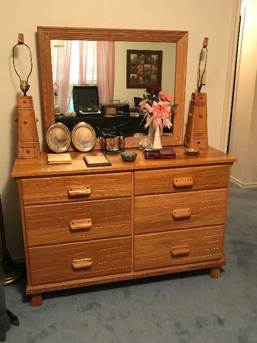 Vintage 1950's Ranch Oak by A Brandt Furniture of Fort Worth, TX,  dresser with matching mirror and matching pair of Peg lamps.  Great for that Retro Cowboy Western look