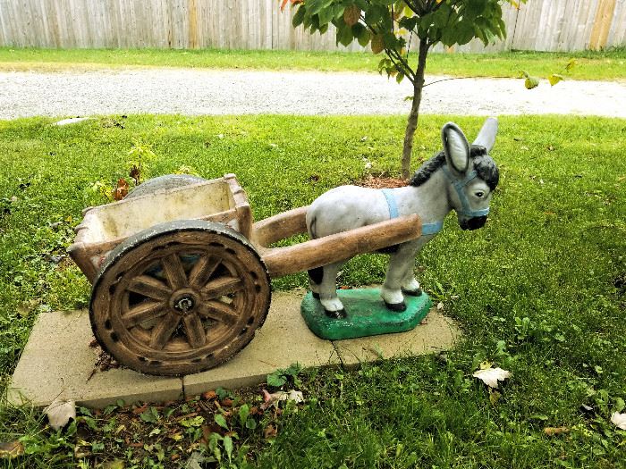 Fabulous painted concrete donkey and cart 