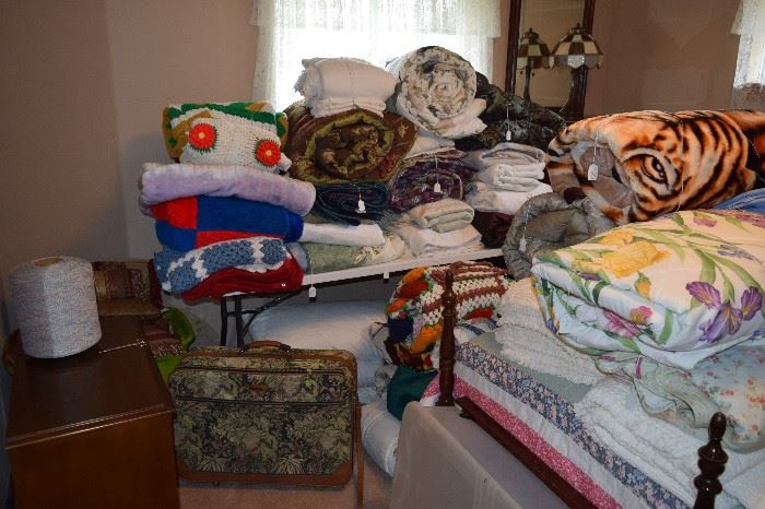 Lots of Bedding, Linens, Suitcases